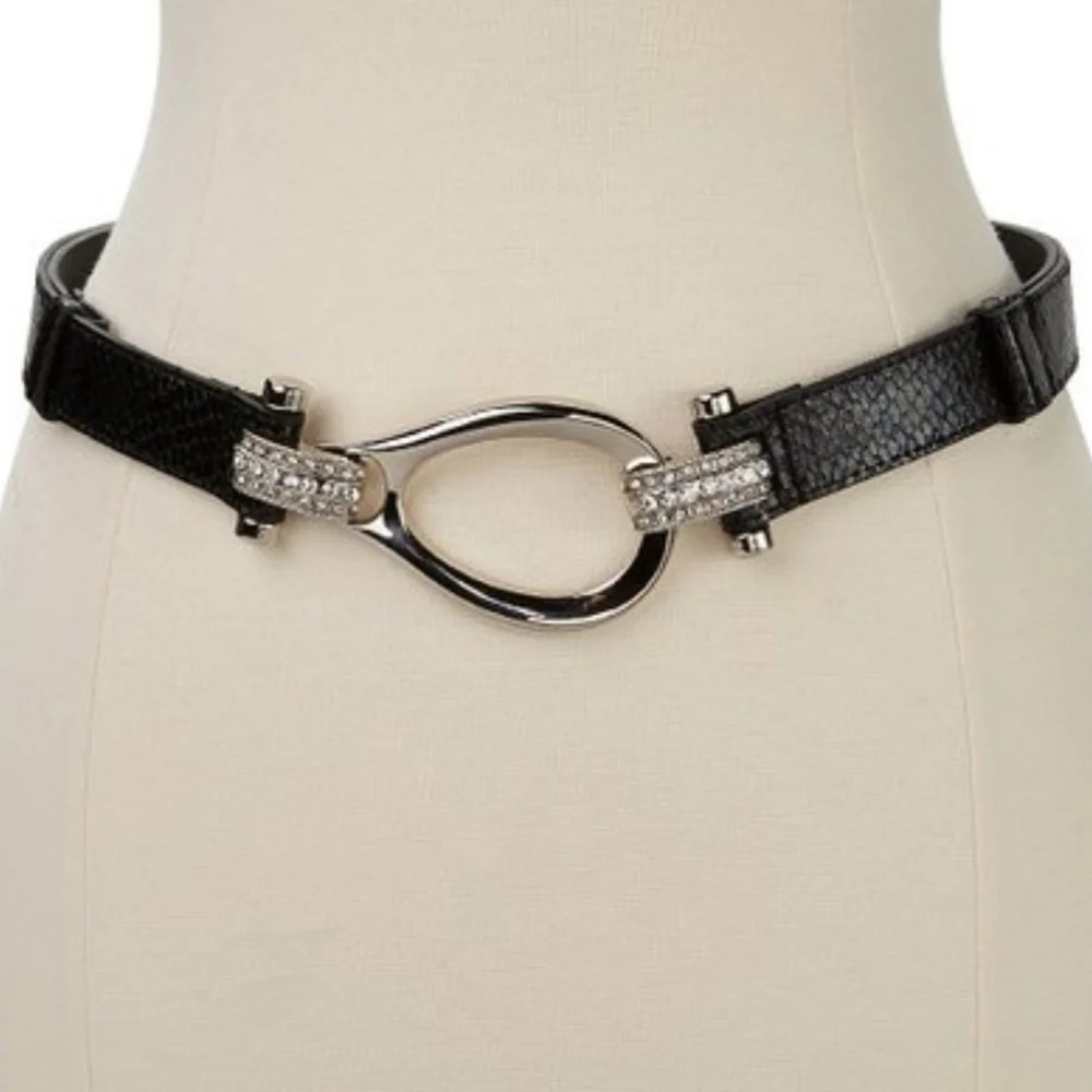 Silver & Black Snakeskin Belt adjustable Rhinestone Embellished One Size OSFA - Picture 1 of 8